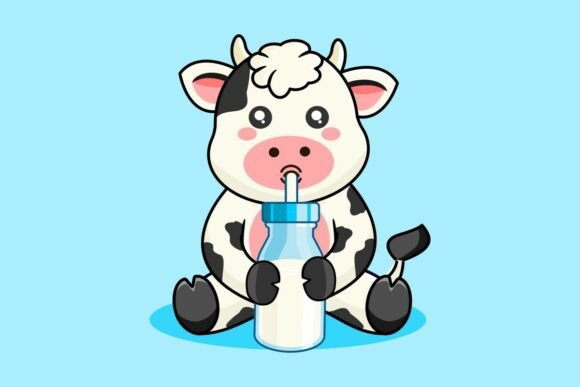 Baby Cow Drinking Milk from Bottle Vecto: Graphics & Illustrations