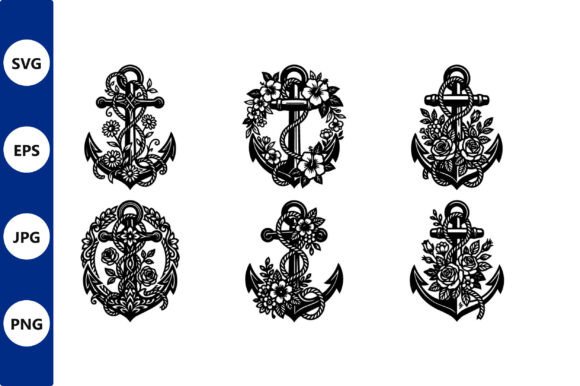Floral Anchor Designs: Black-and-White Illustrations & Graphics
