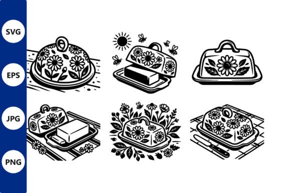 Floral Butter Dish Line Art Vector: Graphics & Illustrations