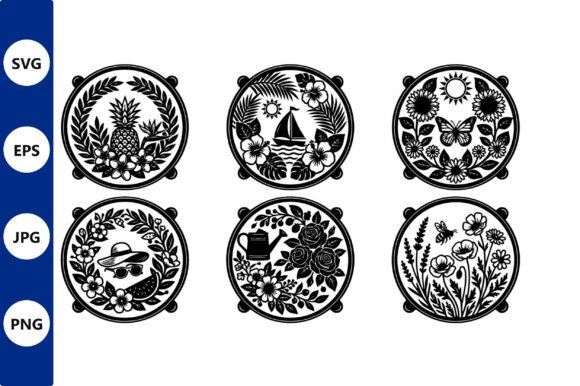Floral Circle Vector Set Pineapple: Graphics & Illustrations
