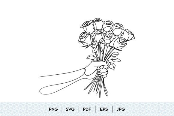 Hand Holding Rose Bouquet One Line Art