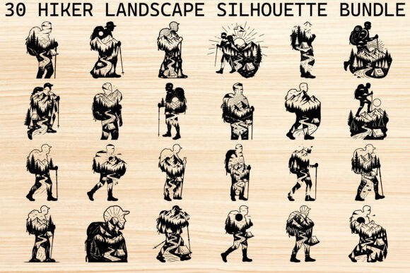 Hiker Landscape Silhouette Bundle: Graphics & Illustrations