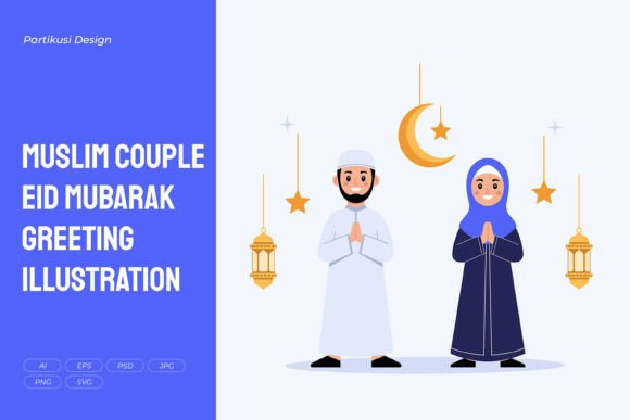 Muslim Couple Eid Mubarak Greeting Graphics & Illustrations