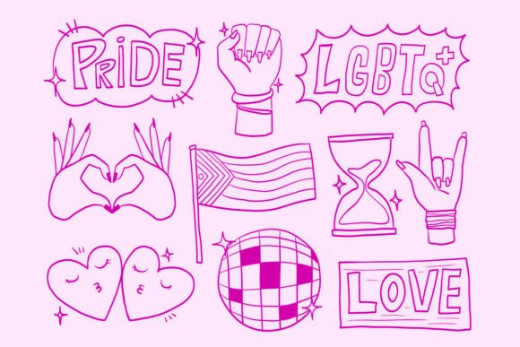 Pink Pride Month LGBT Outline Doodle Set: Graphics & Illustrations