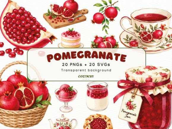 Pomegranate Watercolor Clipart Fruit PNG: Graphics & Illustrations