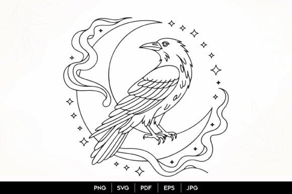 Raven Moon Line Art SVG: Graphics & Illustrations for Moody Branding
