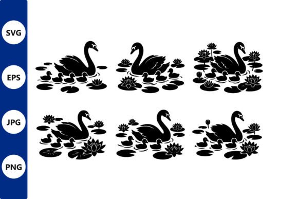 Swan Family Silhouettes in Black Vector: Graphics & Illustrations